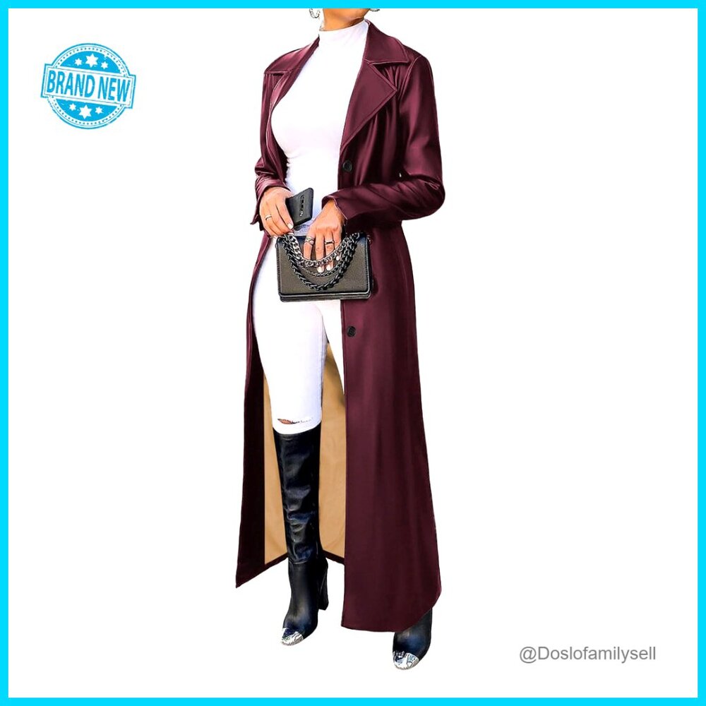 Faux Leather Maxi Trench Coat Lapel Collar Button Down Duster Jacket Chic
